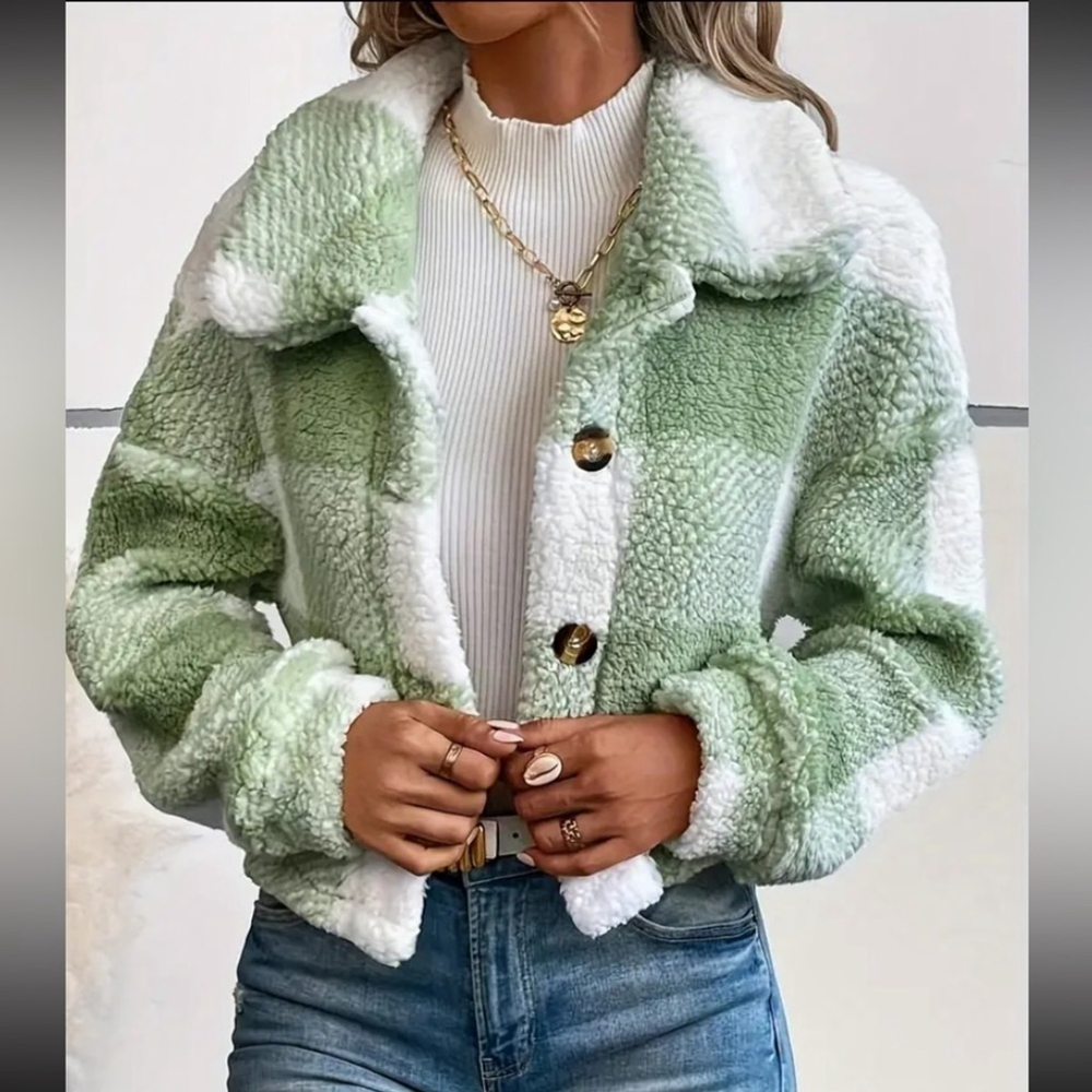 Cropped Teddy Fleece Jacket Green White Plaid Women's XXL 14 NWT - Picture 6 of 6